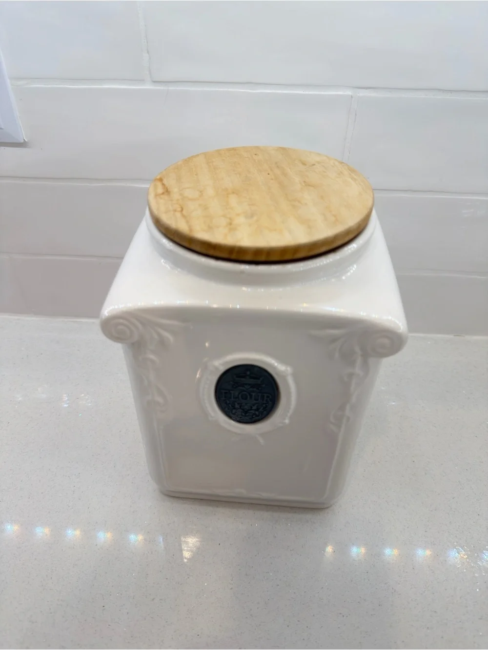 White Ceramic Flour Canister with Bamboo Lid